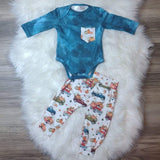 Baby boys blue tie dye long sleeve onesie with fall truck print jogger pants.
