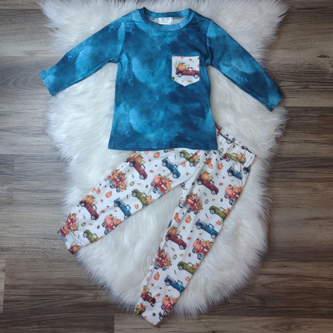 Boys blue tie dye top with pocket paired with fall truck print jogger pants.