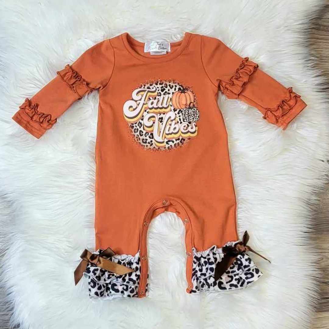 Baby Girl Fall Vibes Rust and Cheetah Ruffle Sleeve Romper  A Touch of Magnolia Boutique   