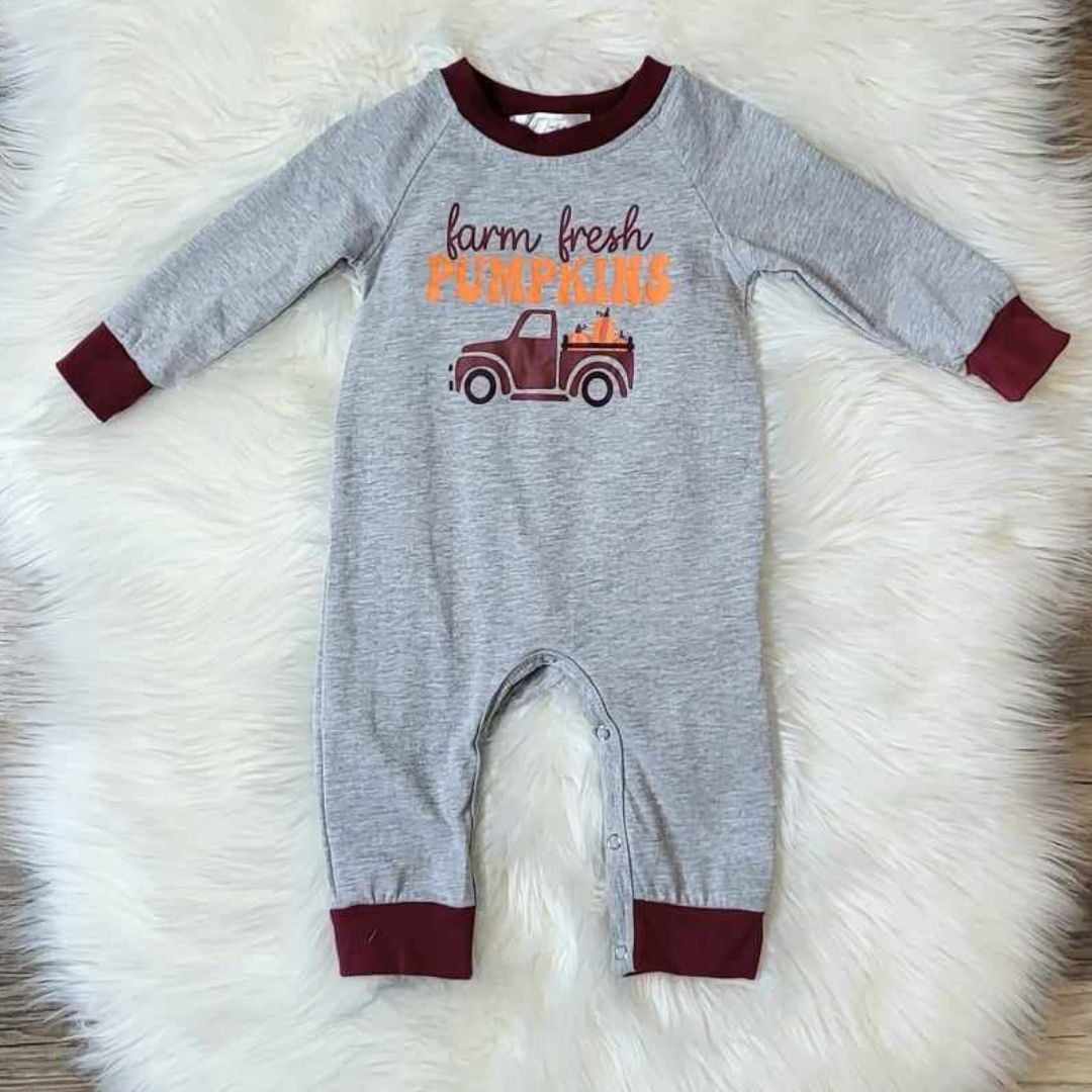 Baby Boy Farm Fresh Pumpkin Romper  A Touch of Magnolia Boutique   