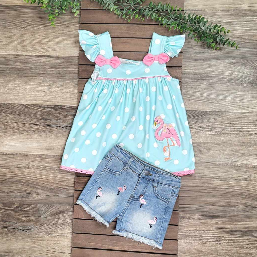 Flamingo Denim Shorts and Polka Dot Top Outfit Set A Touch of Magnolia Boutique