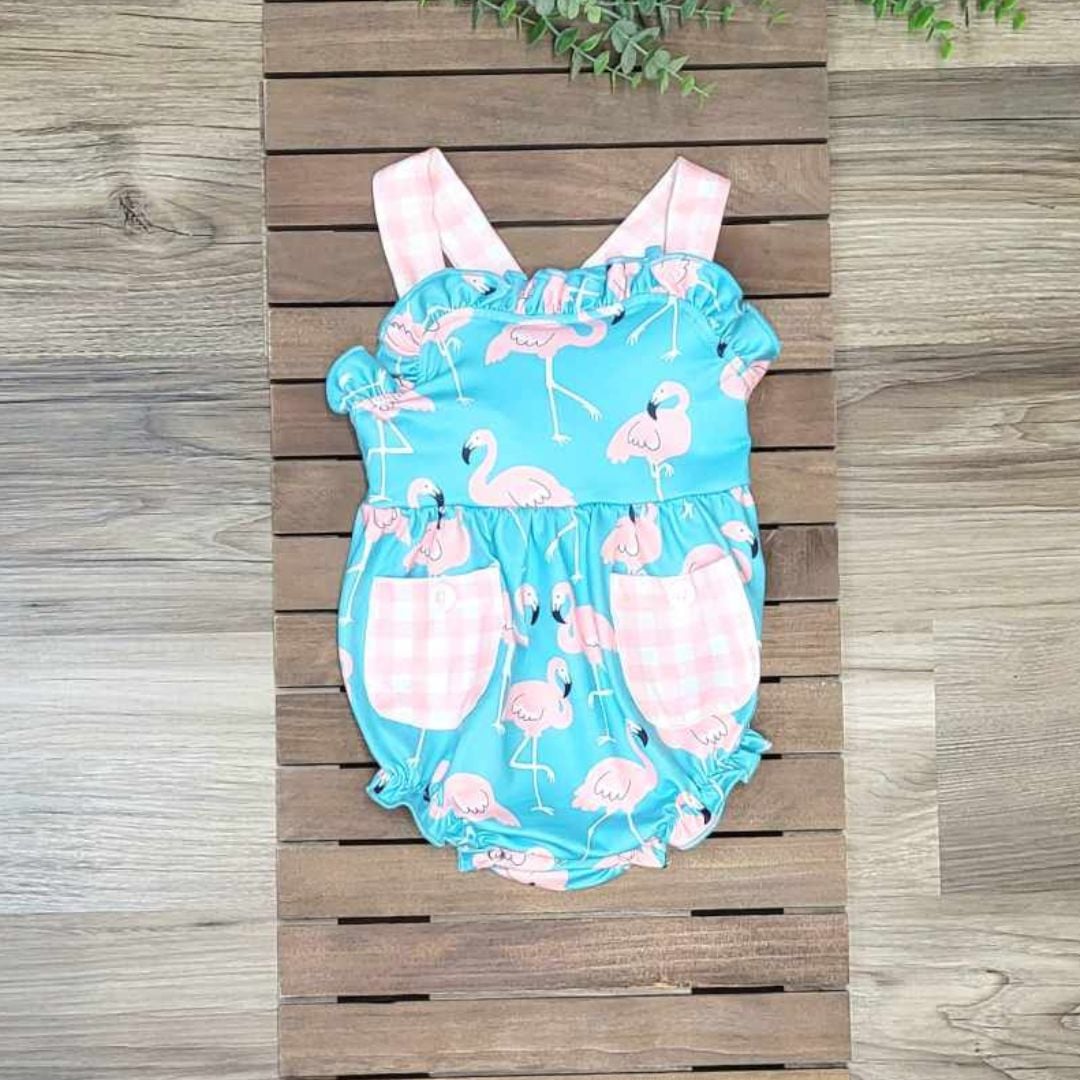 Baby Girl Flamingo with Pink Plaid Pocket Romper  A Touch of Magnolia Boutique   