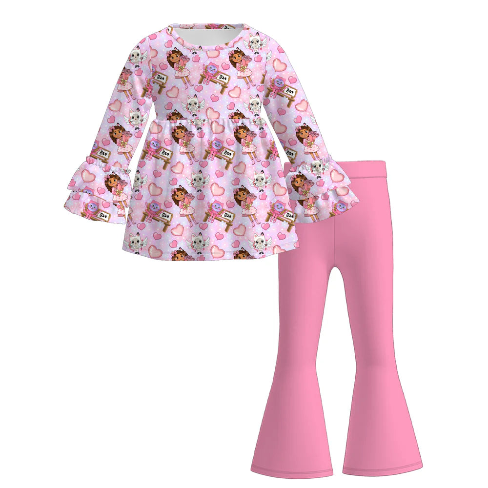 Dollhouse Girl Valentine's Top and Pink Flare Pants Set A Touch of Magnolia Boutique