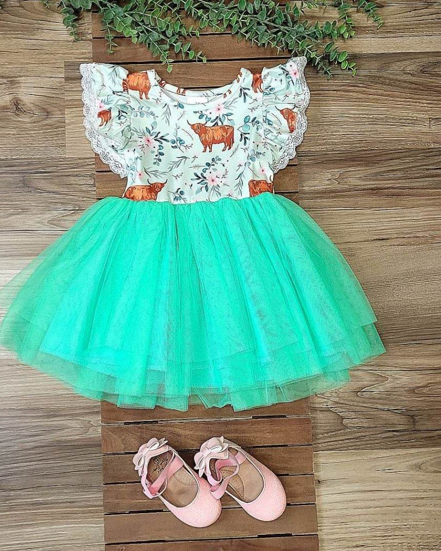 Neon Green Highland Cow Tulle Dress  A Touch of Magnolia Boutique   