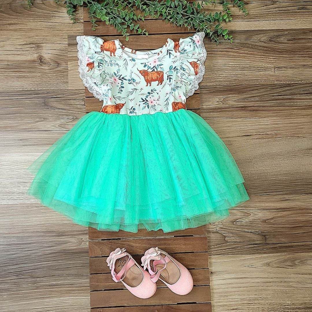 Neon Green Highland Cow Tulle Dress  A Touch of Magnolia Boutique   
