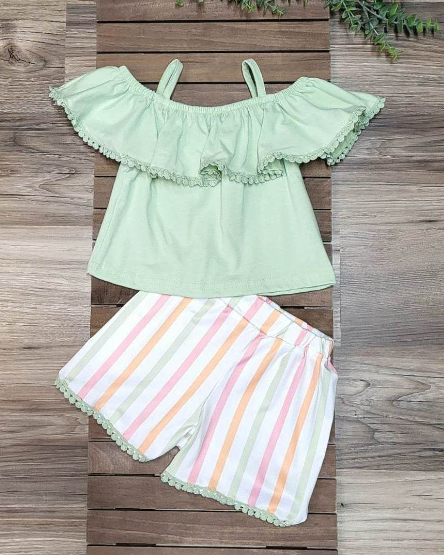 Green Cold Shoulder Top and Striped Shorts Set  A Touch of Magnolia Boutique   