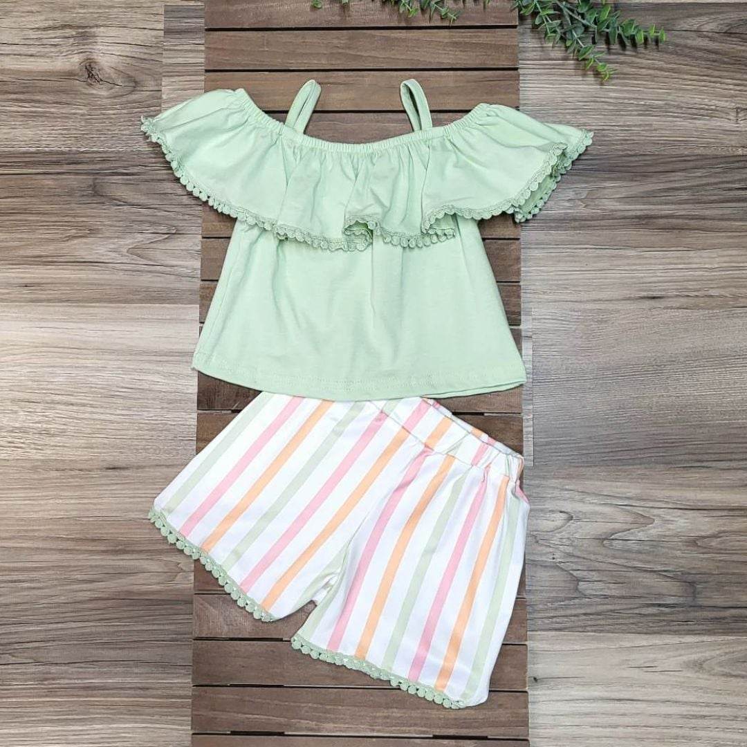 Green Cold Shoulder Top and Striped Shorts Set  A Touch of Magnolia Boutique   