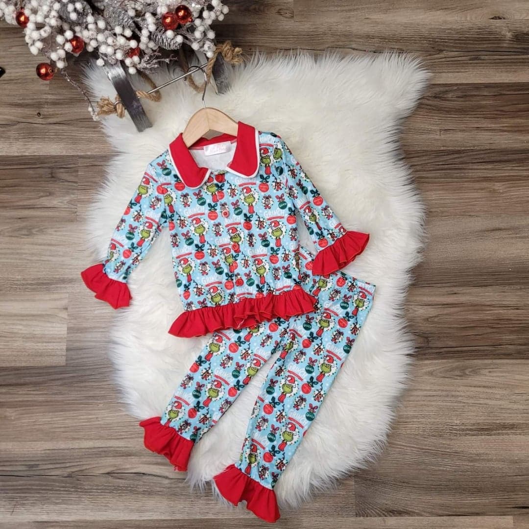 Girls Grinch Ruffle Holiday Pajamas  A Touch of Magnolia Boutique   