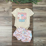 Baby girl boutique two piece set.  Short sleeve snap closure onesie with "have a good day" on the front, paired with floral print buttery soft shorts.