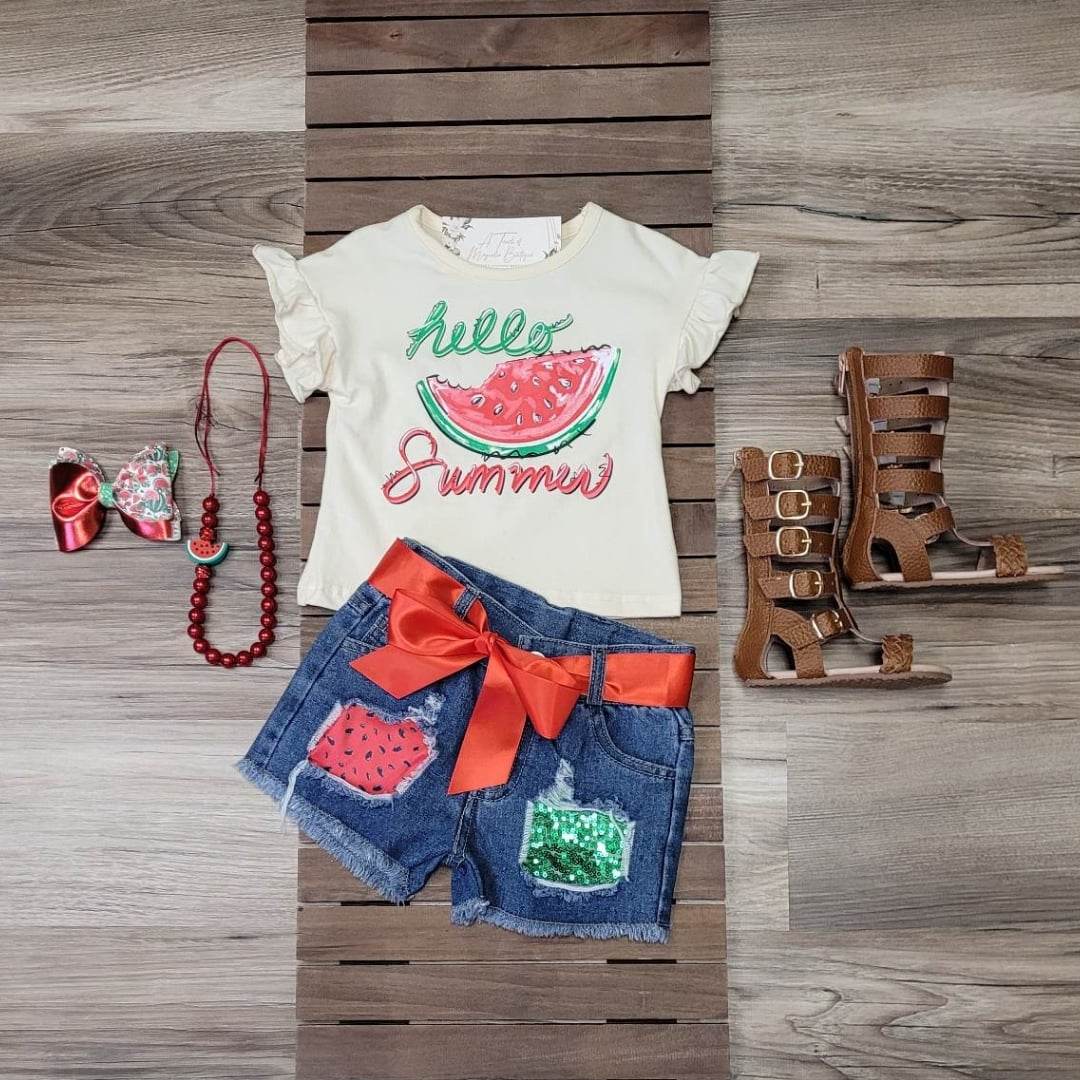 Hello Summer Watermelon Denim Shorts Set  A Touch of Magnolia Boutique   