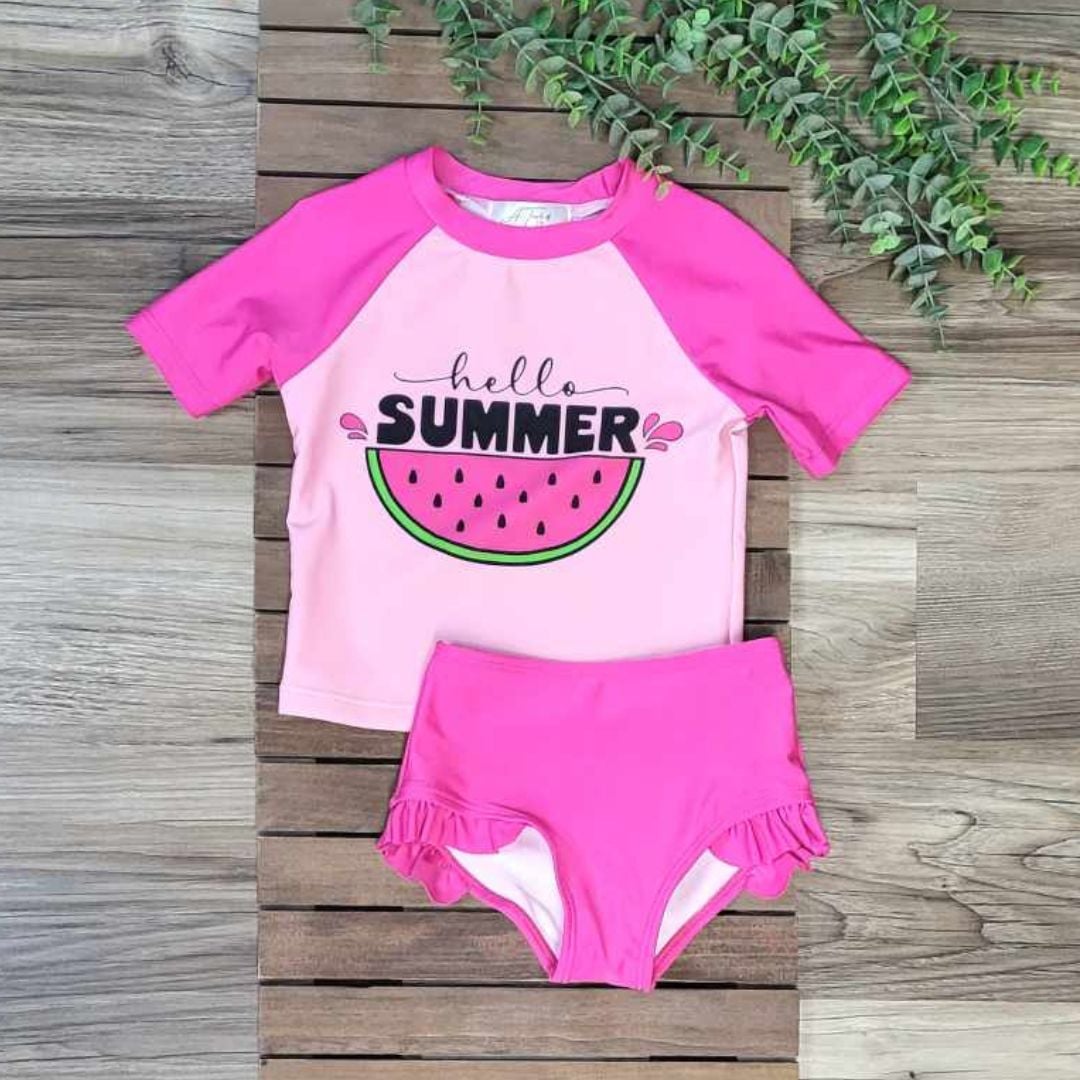 Hello Summer Watermelon Short Sleeve Rash Guard Swim Set  A Touch of Magnolia Boutique   