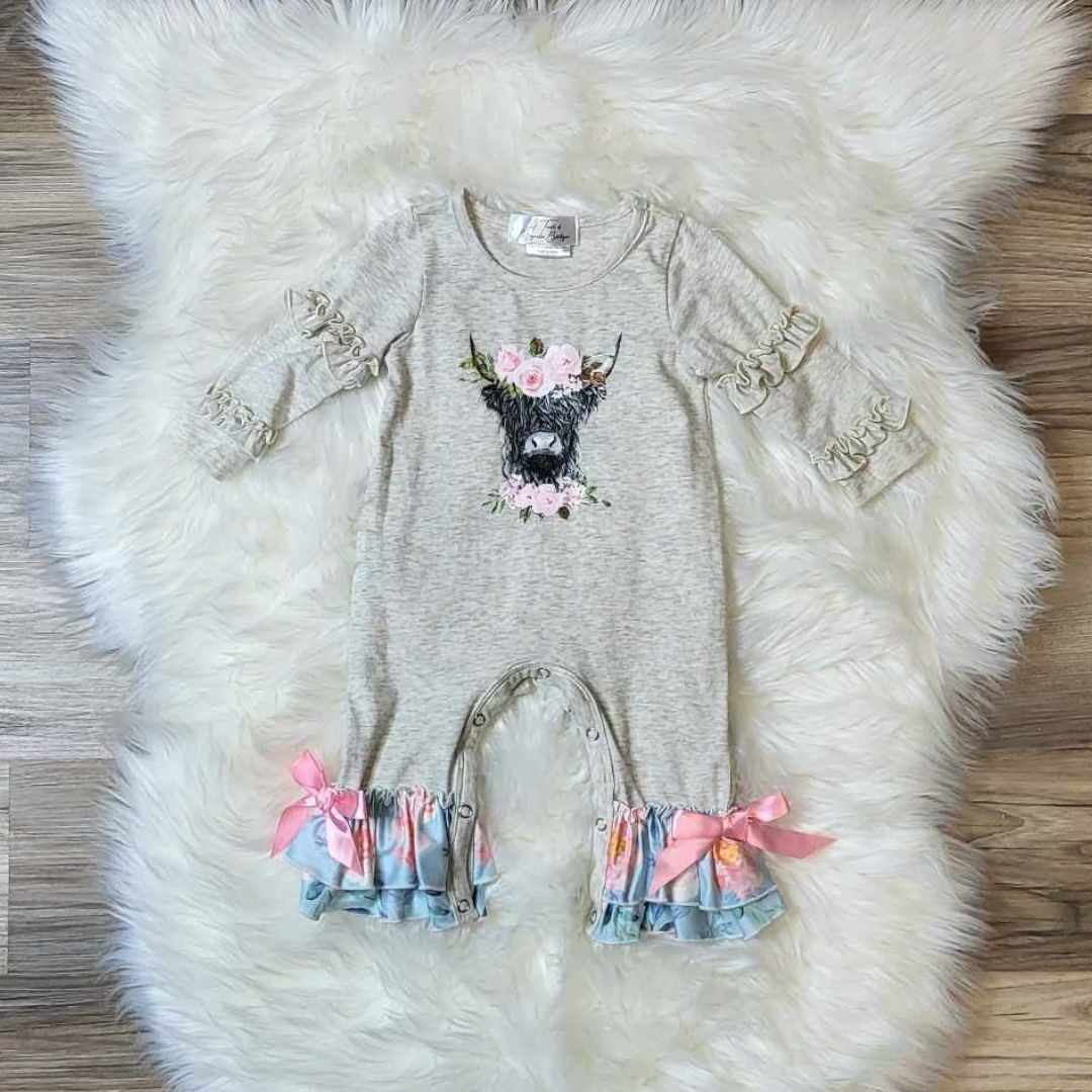 Baby Girl Highland Cow Ruffle Sleeve Romper  A Touch of Magnolia Boutique   