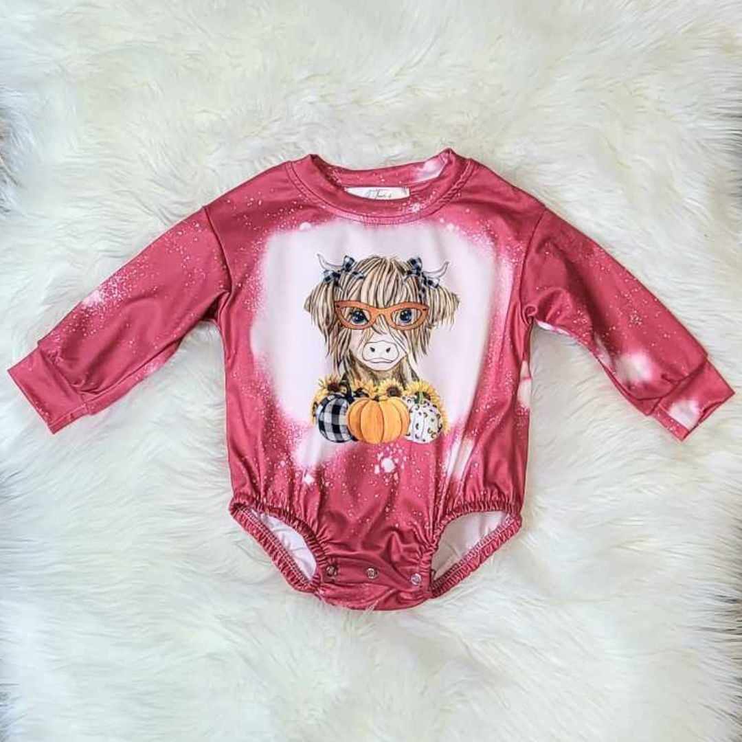 Baby Girl Highland Cow Pumpkin Romper  A Touch of Magnolia Boutique   