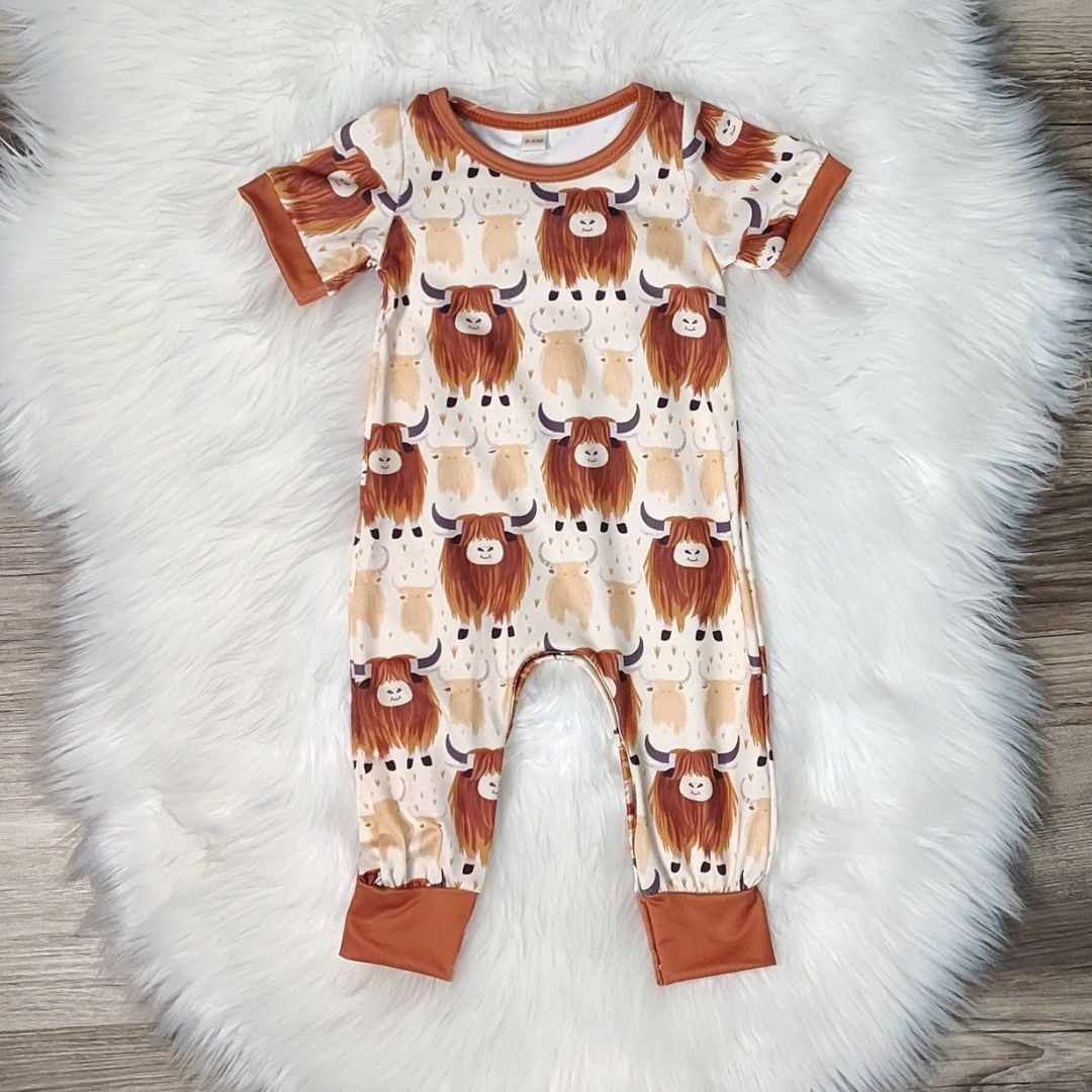 Short Sleeve Highland Cow Baby Romper  A Touch of Magnolia Boutique   