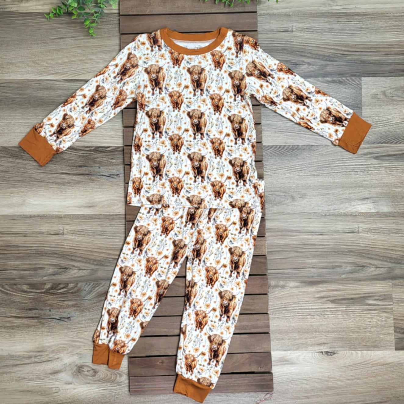 Bamboo Floral Highland Cow Print Two-Piece Pajama Set A Touch of Magnolia Boutique