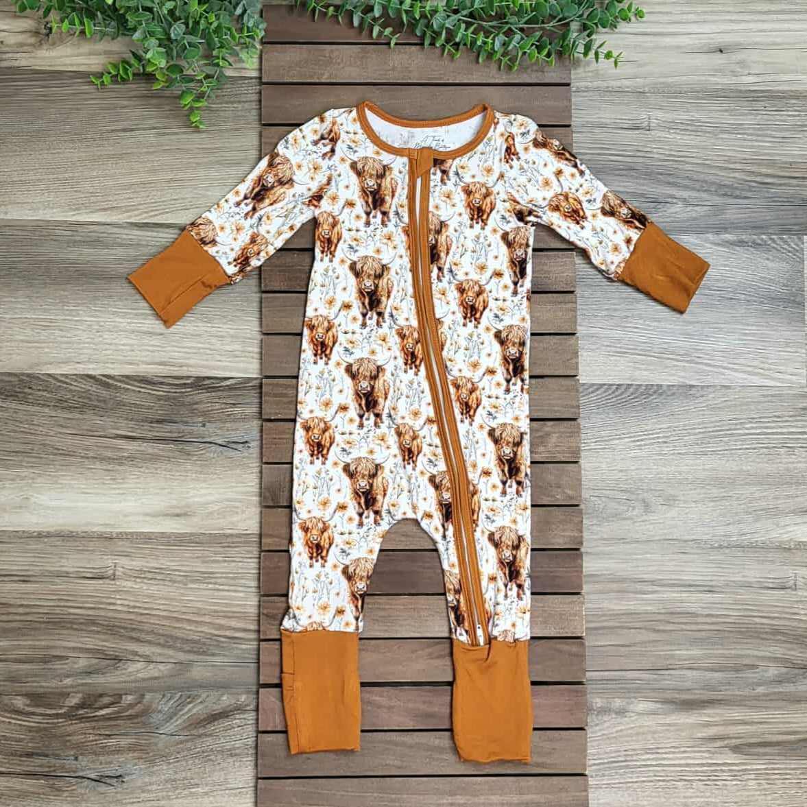 Bamboo Floral Highland Cow Baby Girl Zippie Romper/Sleeper A Touch of Magnolia Boutique