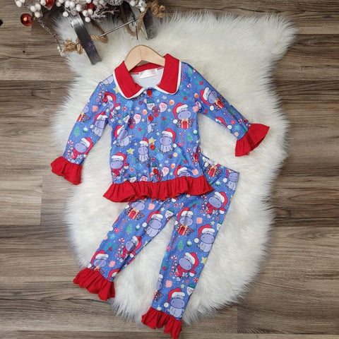 Hippo Santa Girls Boutique button front holiday themed Christmas pajamas.