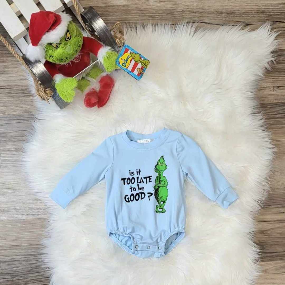 Blue "Is It Too Late To Be Good" Baby Romper  A Touch of Magnolia Boutique   