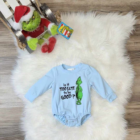 Blue "Is It Too Late To Be Good" Baby Romper