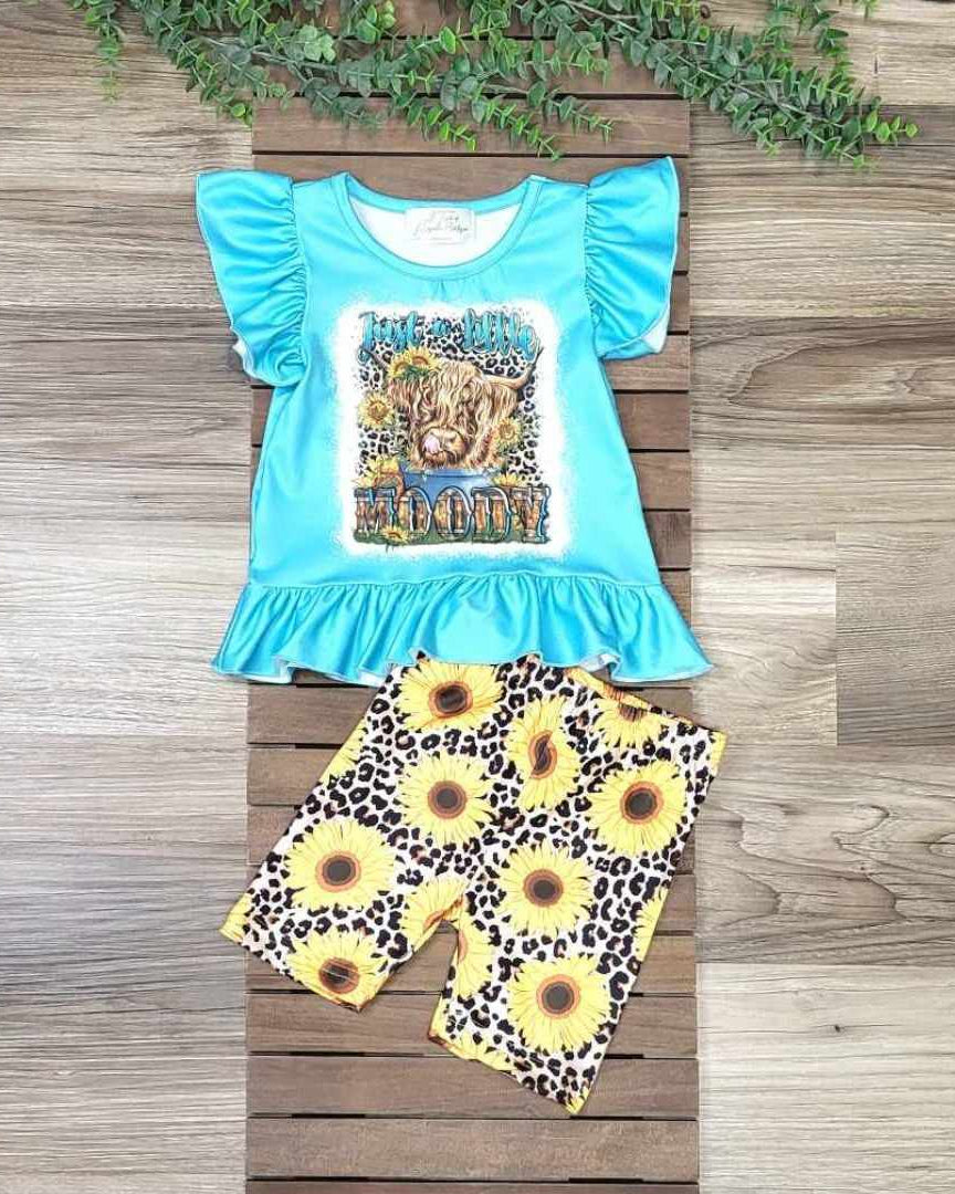Blue Flutter Sleeve "Just a Little Moody" Highland Cow Top & Leopard Sunflower Shorts Set  A Touch of Magnolia Boutique   