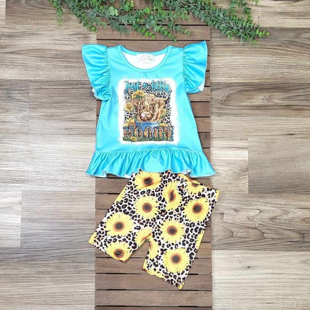 Blue Flutter Sleeve "Just a Little Moody" Highland Cow Top & Leopard Sunflower Shorts Set  A Touch of Magnolia Boutique   
