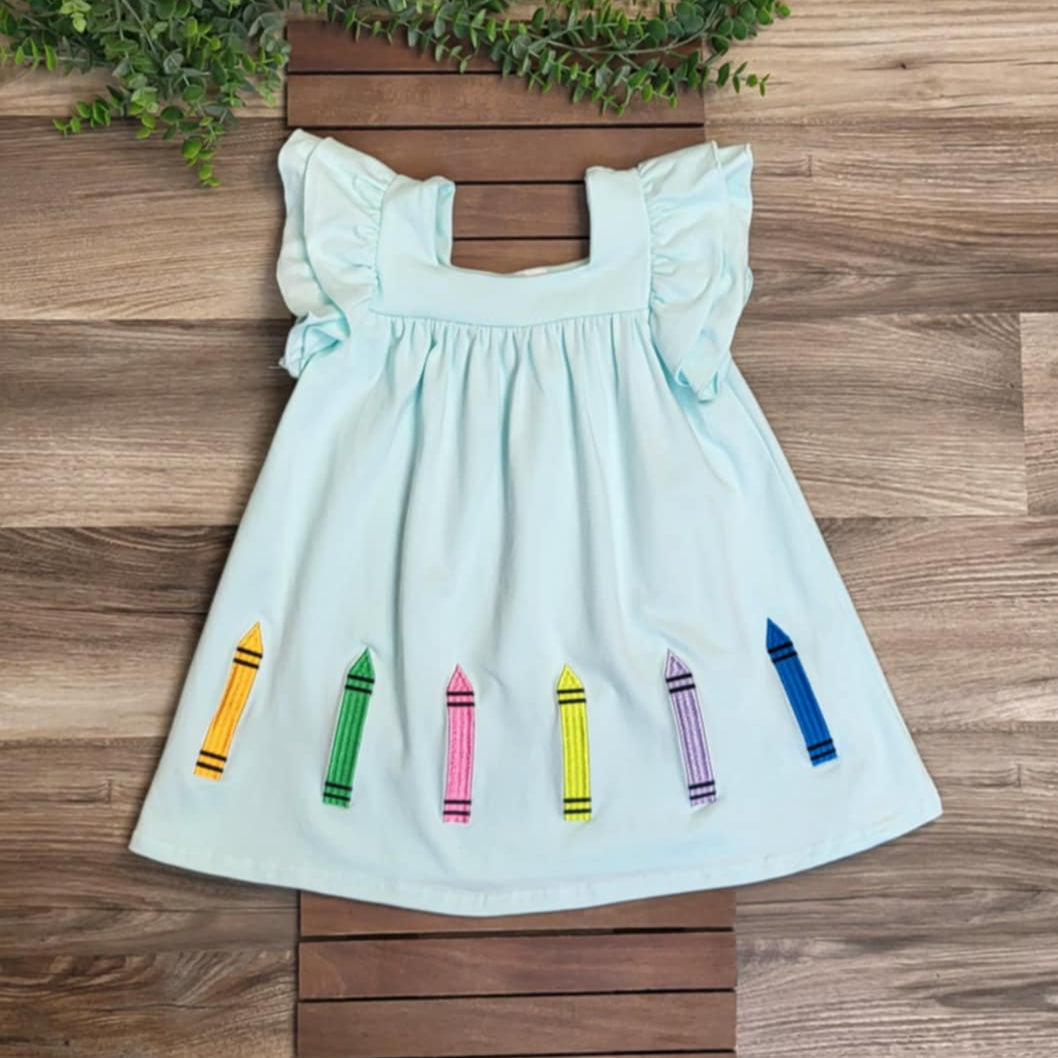 Back to School Mint Dress with Embroidered Crayons A Touch of Magnolia Boutique