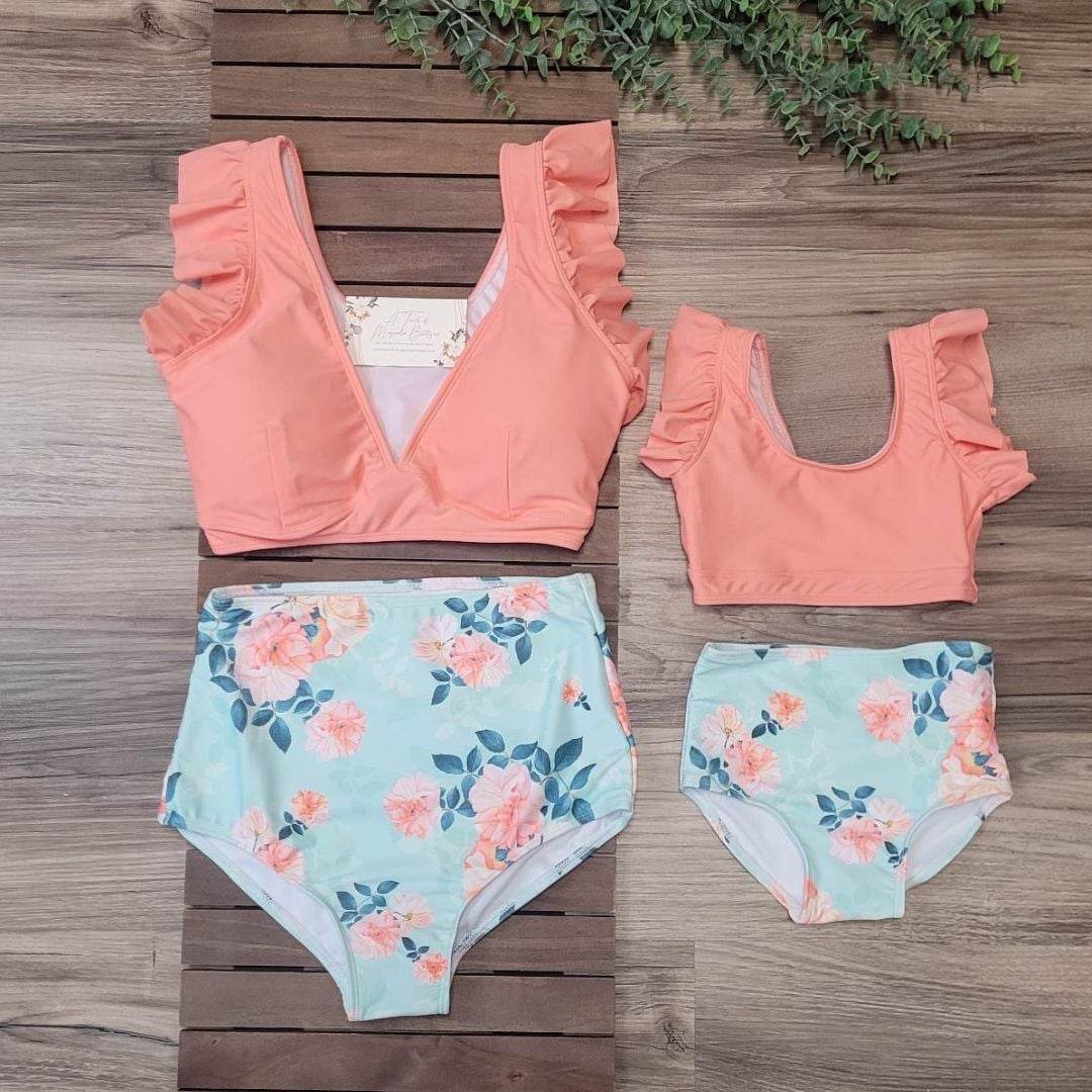 Mom & Me Coral & Mint Floral High Waisted 2 piece Swimsuit-Kids  A Touch of Magnolia Boutique   