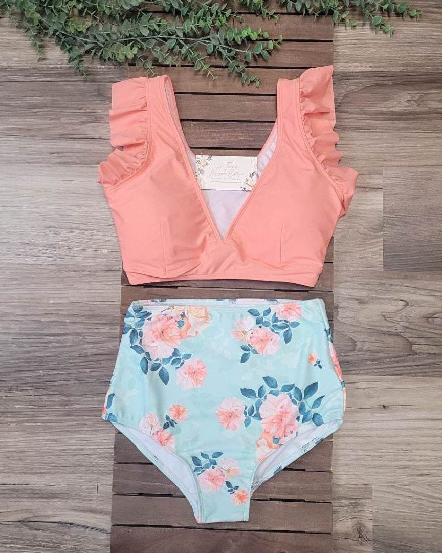 Mom & Me Coral & Mint Floral High Waisted 2 piece Swimsuit- Adult  A Touch of Magnolia Boutique   