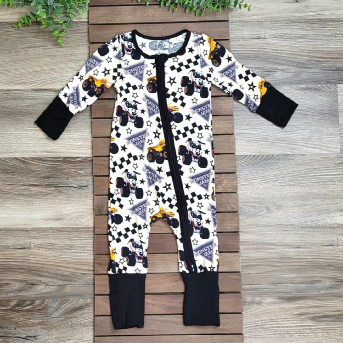 Bamboo Monster Truck Baby Boy Zippie Romper/Sleeper A Touch of Magnolia Boutique