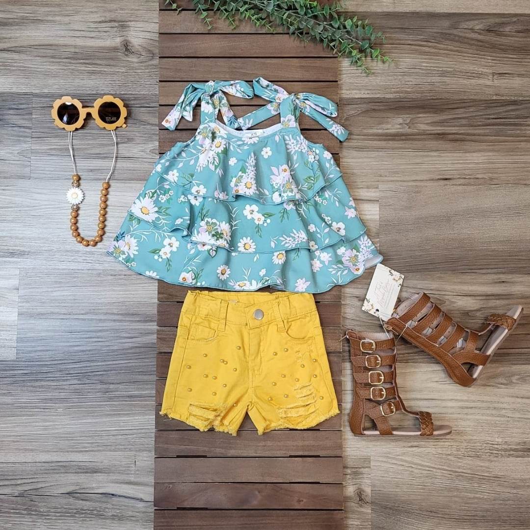Mustard Distressed Denim Shorts and Green Floral Top Set  A Touch of Magnolia Boutique   