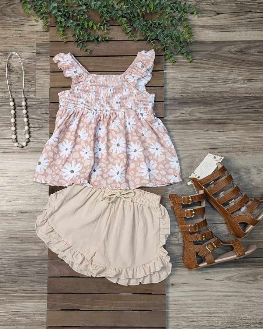 Neutral Floral Smocked Top and Shorts Set  A Touch of Magnolia Boutique   