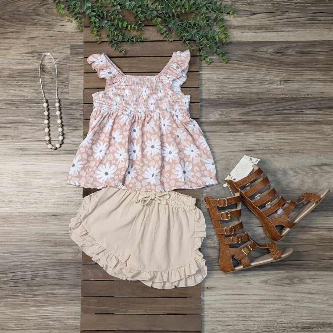 Neutral Floral Smocked Top and Shorts Set  A Touch of Magnolia Boutique   
