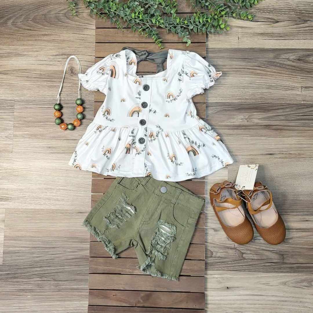Rainbow Top with Olive Green Distressed Shorts Set  A Touch of Magnolia Boutique   