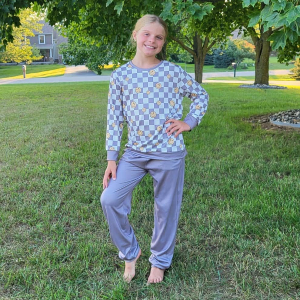 Smiley Checkered Top and Grey Joggers Outfit Set A Touch of Magnolia Boutique