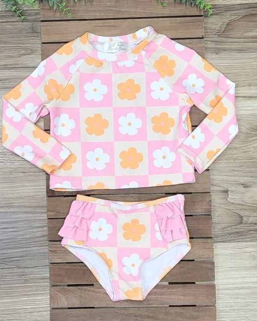 Pink and Orange Check Coral Rash Guard 2 piece Swimsuit  A Touch of Magnolia Boutique   