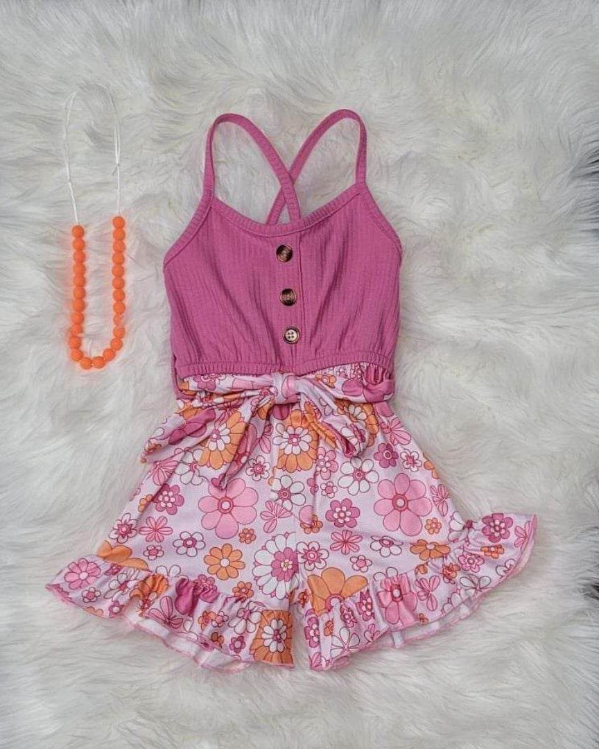 Retro Pink and Orange Floral Shorts Romper  A Touch of Magnolia Boutique   