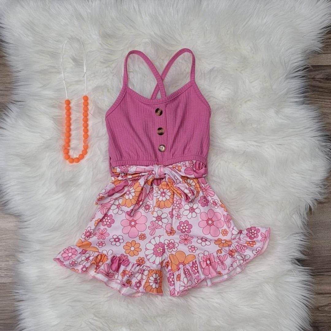Retro Pink and Orange Floral Shorts Romper  A Touch of Magnolia Boutique   