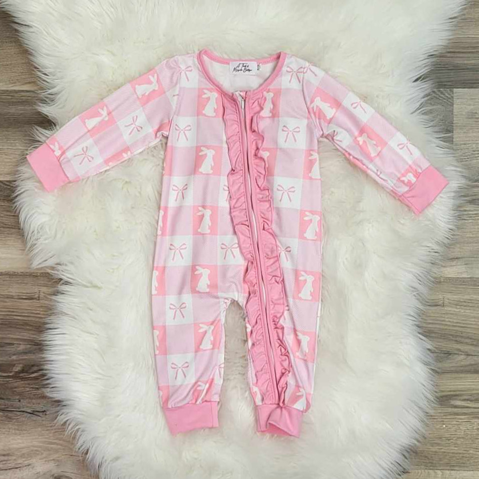 Baby Girl Pink Bow Bunny Print Checkered Ruffled Zippie Footless Romper A Touch of Magnolia Boutique