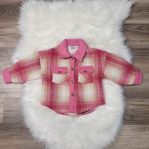 Girls boutique pink plaid shacket, with fuzzy texture, button front.