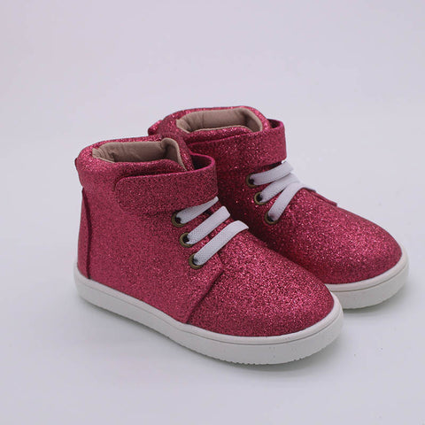 Girls boutique hot pink glitter high top shoes.