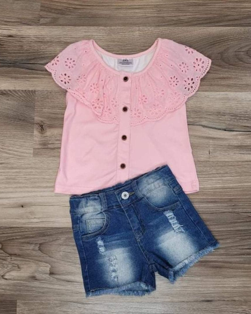 Pink Ruffle Button Top with distressed denim shorts set  A Touch of Magnolia Boutique   