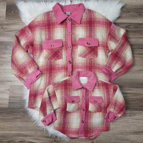 Mom and me Adult Pink plaid fuzzy shacket.