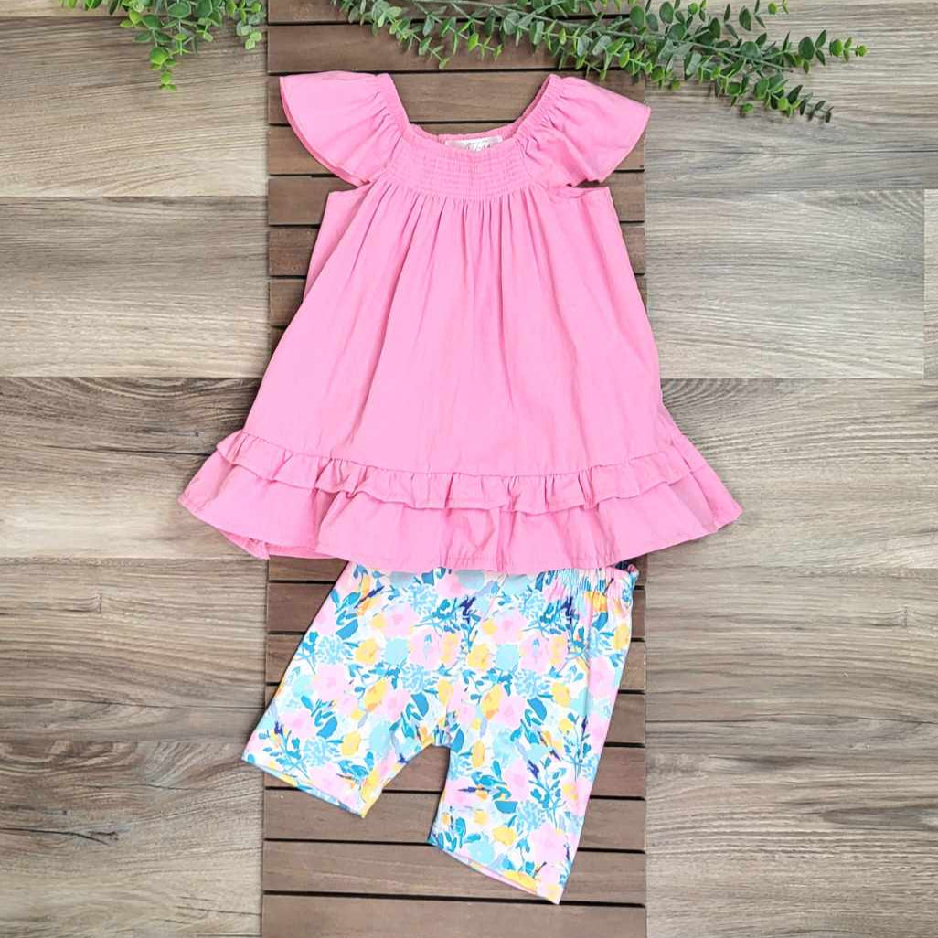 Pink Ruffle Top and Summer Floral Shorts Outfit Set A Touch of Magnolia Boutique