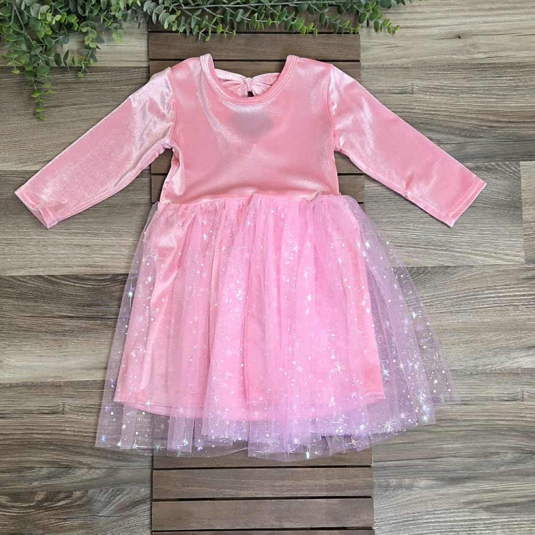 Pink Velvet Bow-Back Dress with Tulle Overlay A Touch of Magnolia Boutique