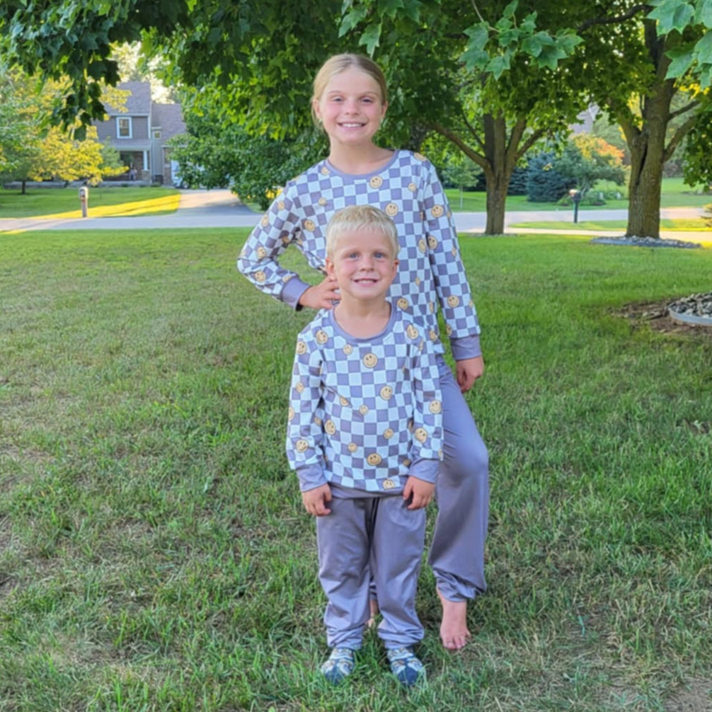 Smiley Checkered Top and Grey Joggers Outfit Set A Touch of Magnolia Boutique