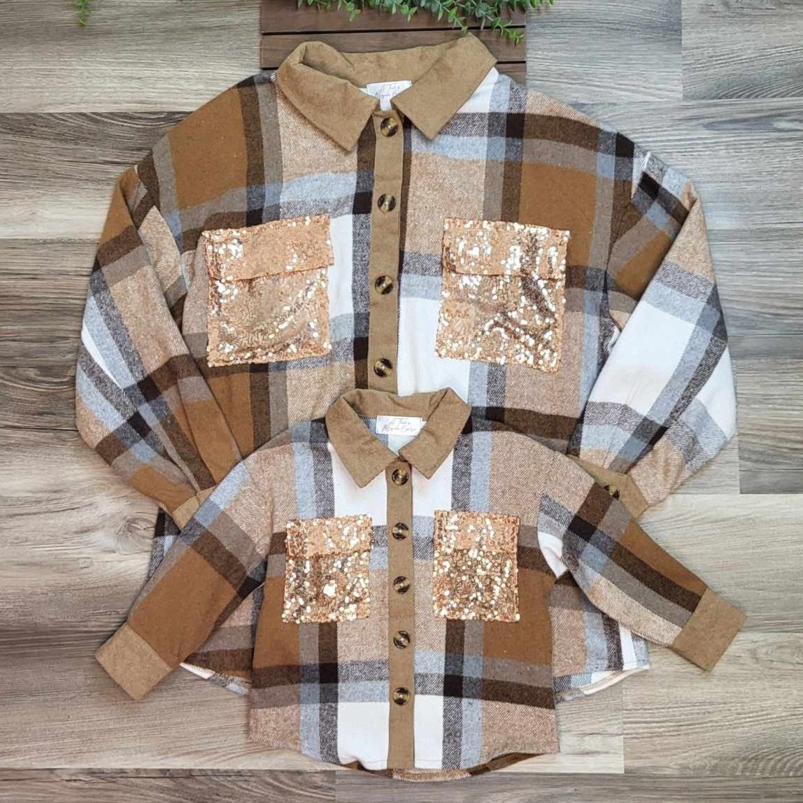 Mom & Me Brown Plaid Shacket with Sequin Pockets-Adult  A Touch of Magnolia Boutique   