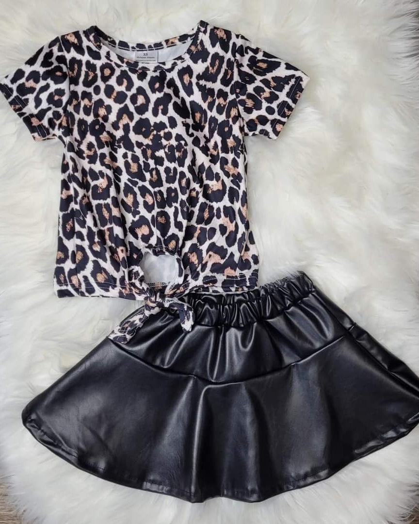 Leopard Front Tie Top with Black Pleather Skirt Set  A Touch of Magnolia Boutique   