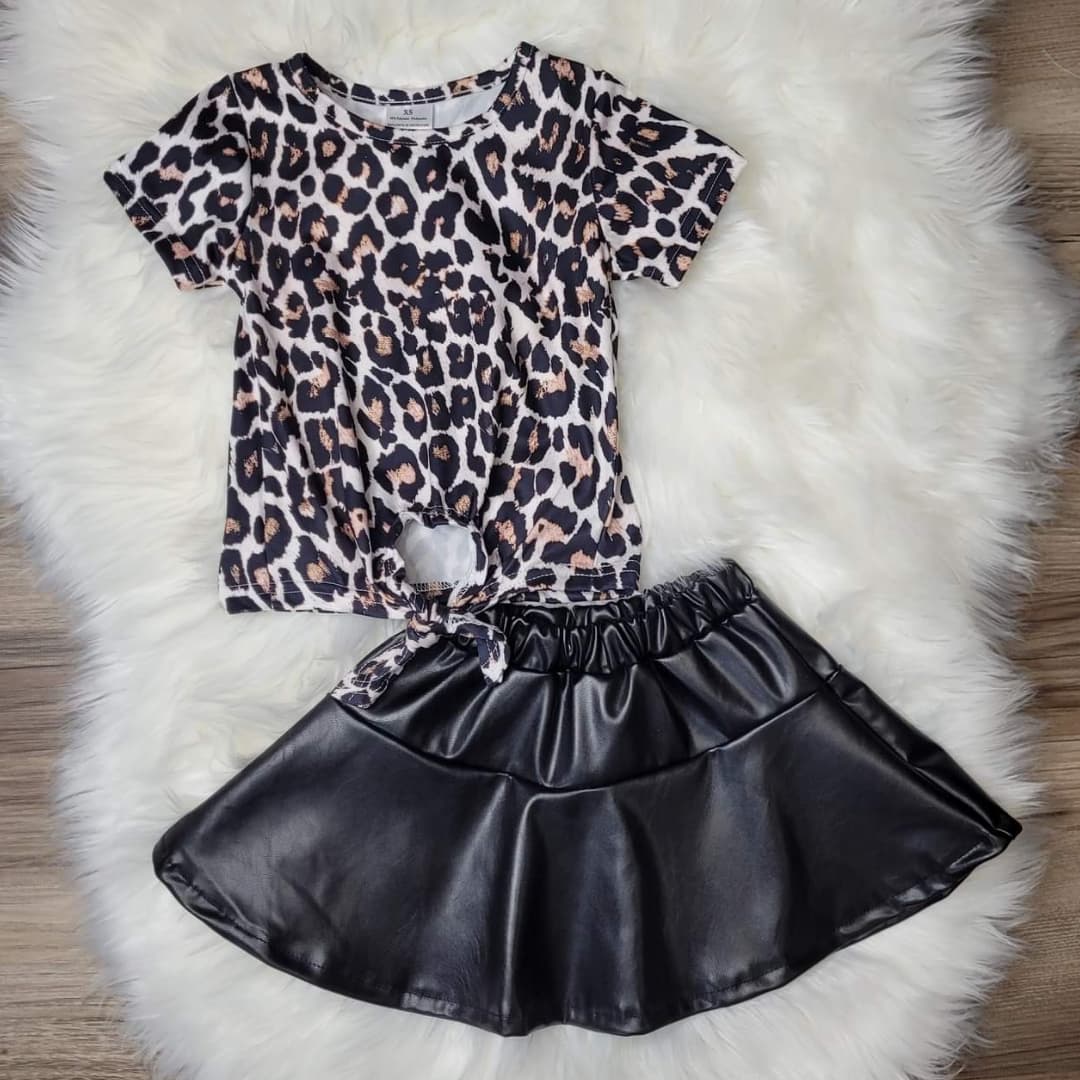 Leopard Front Tie Top with Black Pleather Skirt Set  A Touch of Magnolia Boutique   