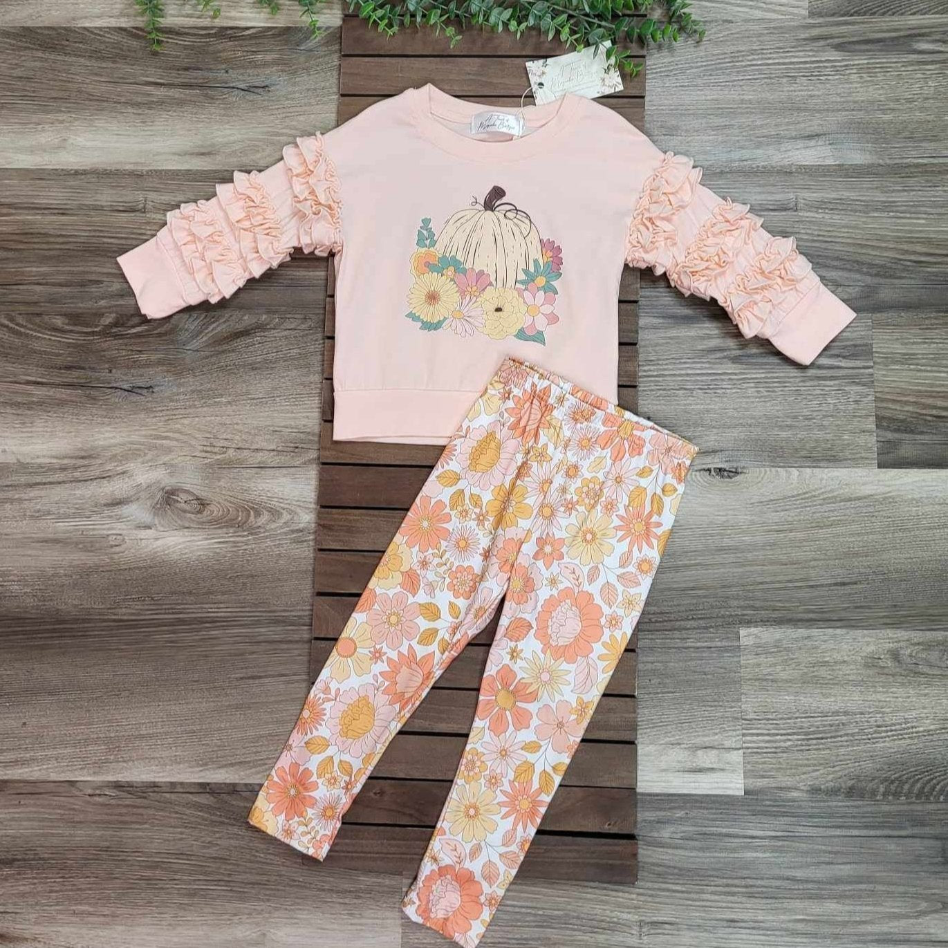 Pumpkin Ruffle Sleeve Top and Floral Legging Set  A Touch of Magnolia Boutique   