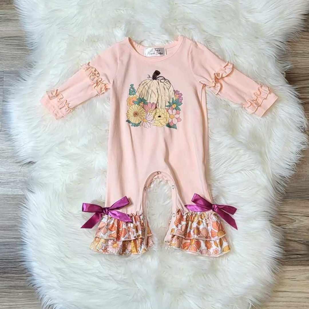 Baby Girl Pumpkin Floral Ruffle Sleeve Romper  A Touch of Magnolia Boutique   